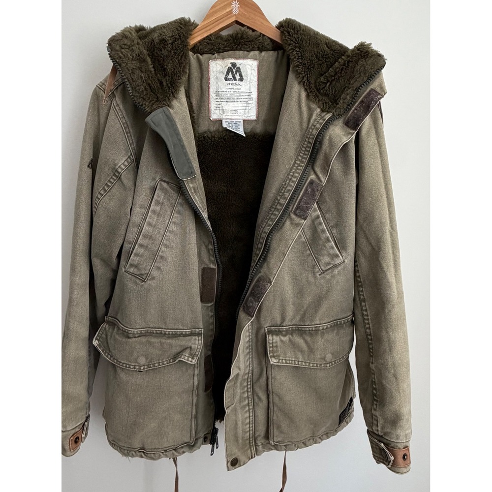Matix Men's Olive Green Canvas Utility Jacket Fur Hood Sherpa Lined Parka Medium
